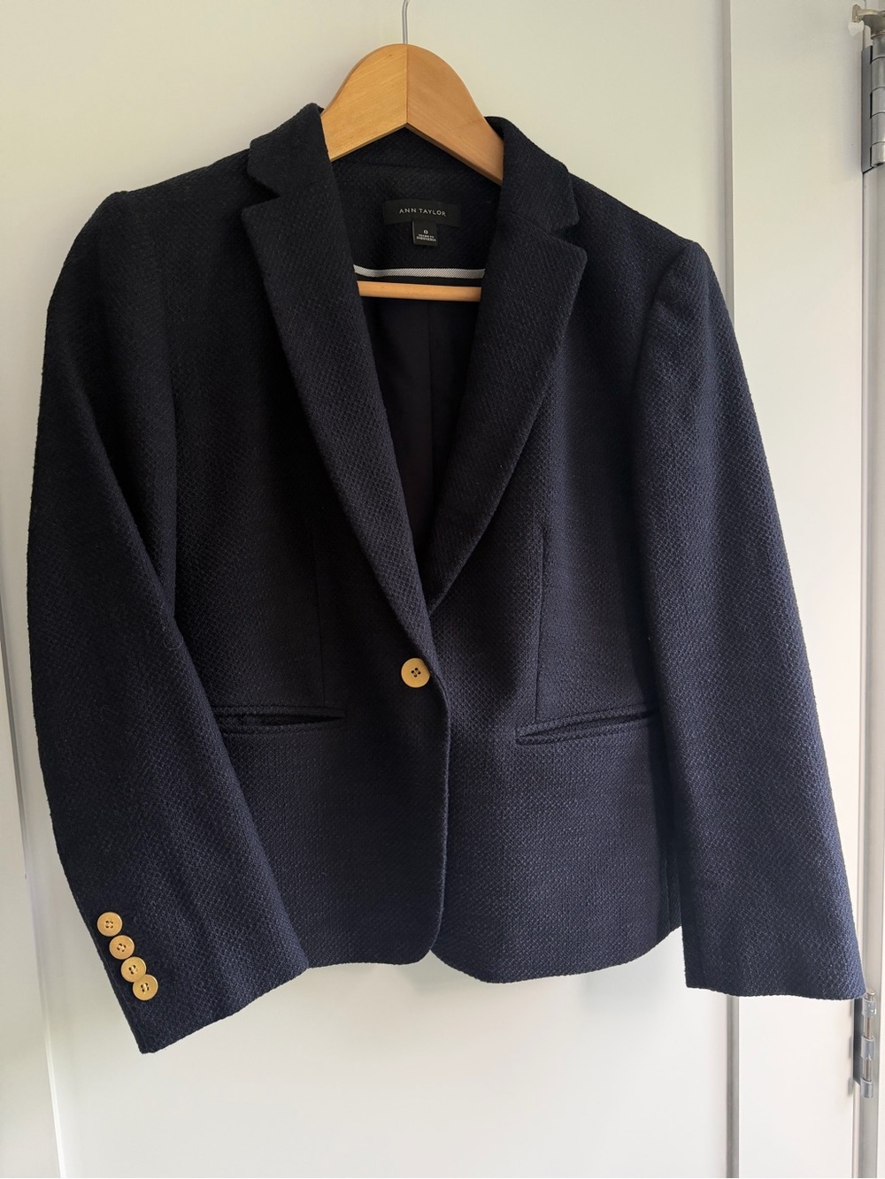 Ann Taylor Navy Textured Blazer with Gold Buttons